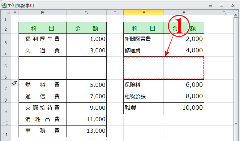 エクセル表に行の追加で隣の表まで追加される