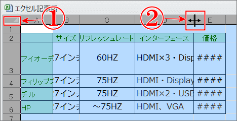 エクセルの行幅を自動調整のダブルクリックでやる位置