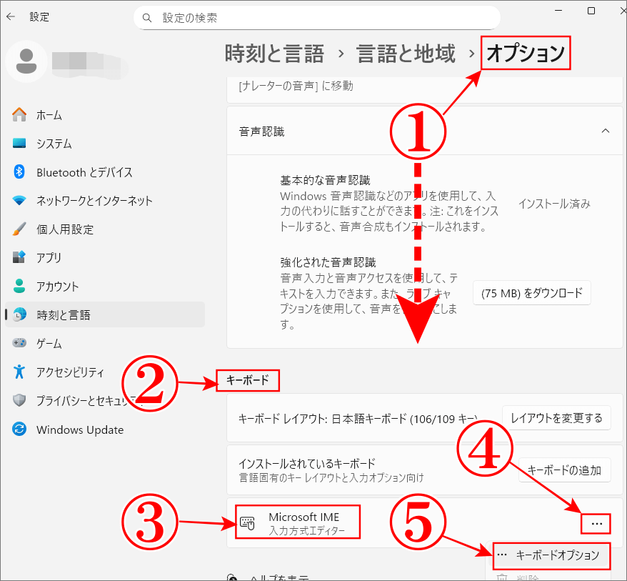 Windows11の無変換キーと変換キーに割り当ては設定のMicrosoft IMEのキーボードオプション