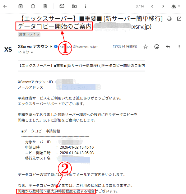 古いデータベースサーバーを新しいサーバーに移行のデータコピー開始のメール