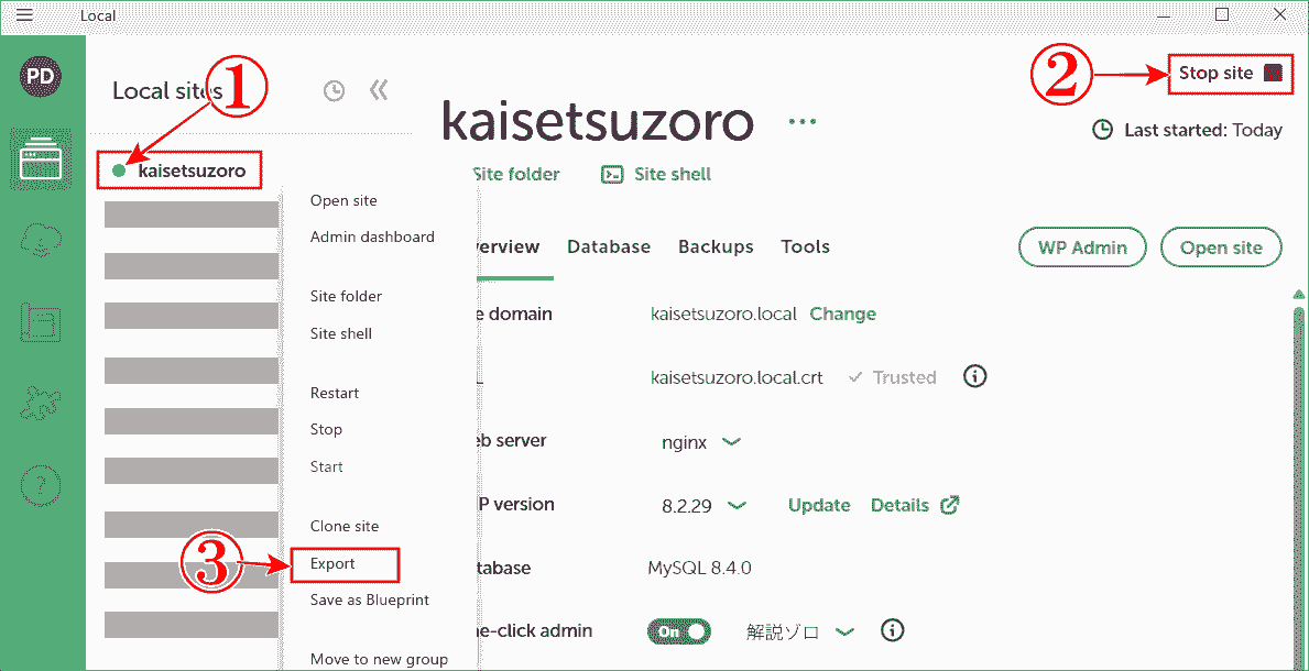 Localのエクスポートでバックアップを作るには、サイトをまず起動